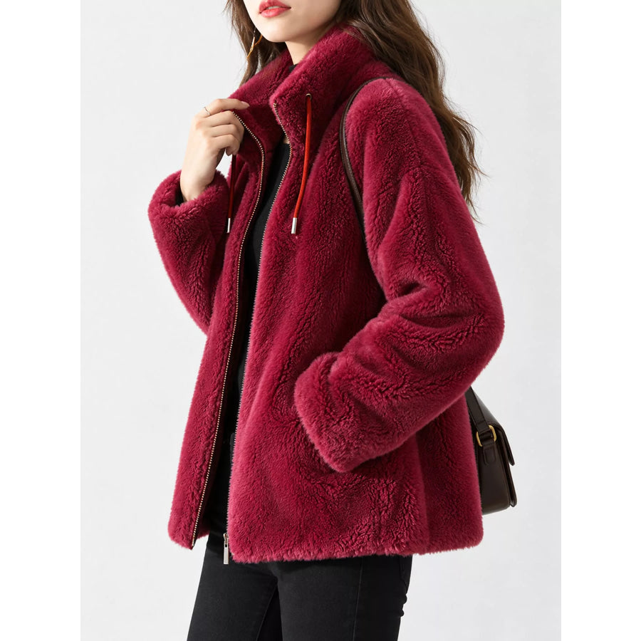 Full Size Drawstring Faux Fur Stand-Collar Zip-Up Outerwear Plus Apparel and Accessories