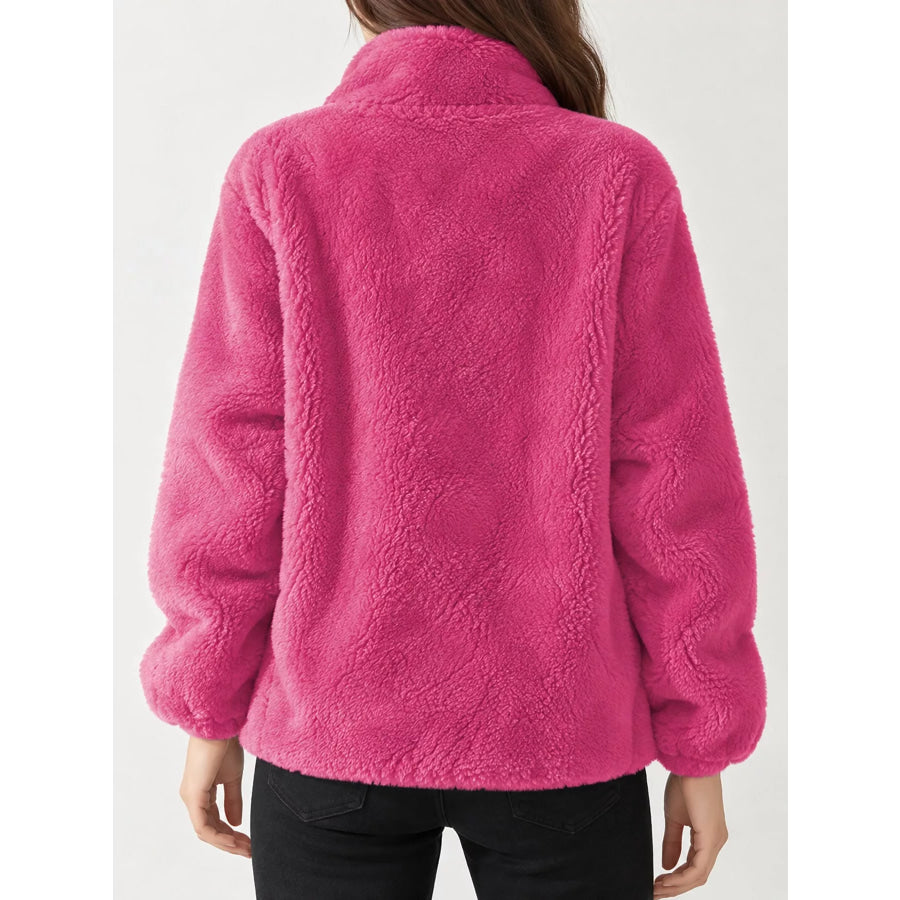 Full Size Drawstring Faux Fur Stand-Collar Zip-Up Outerwear Plus Apparel and Accessories