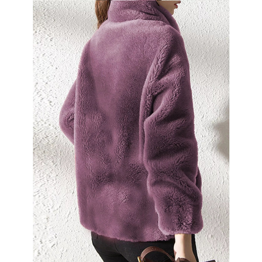 Full Size Drawstring Faux Fur Stand-Collar Zip-Up Outerwear Plus Apparel and Accessories