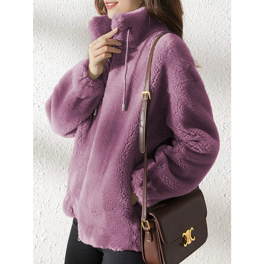 Full Size Drawstring Faux Fur Stand-Collar Zip-Up Outerwear Plus Apparel and Accessories