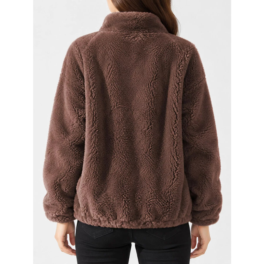 Full Size Drawstring Faux Fur Stand-Collar Zip-Up Outerwear Plus Apparel and Accessories