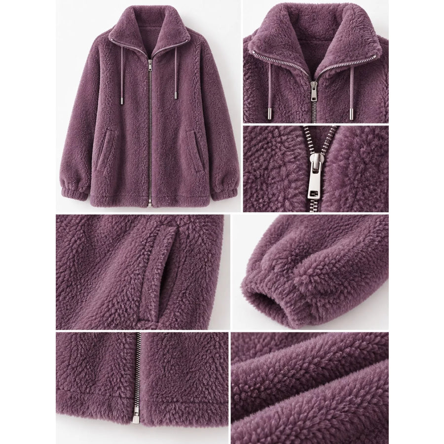 Full Size Drawstring Faux Fur Stand-Collar Zip-Up Outerwear Plus Apparel and Accessories