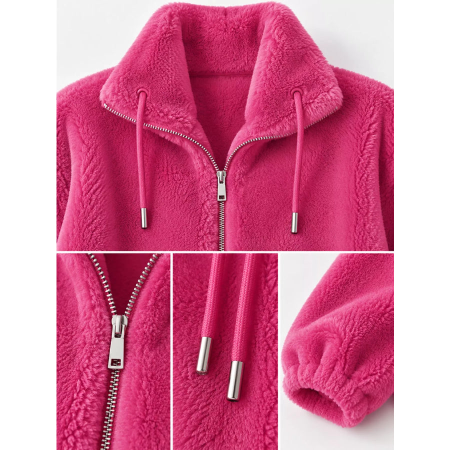 Full Size Drawstring Faux Fur Stand-Collar Zip-Up Outerwear Plus Apparel and Accessories