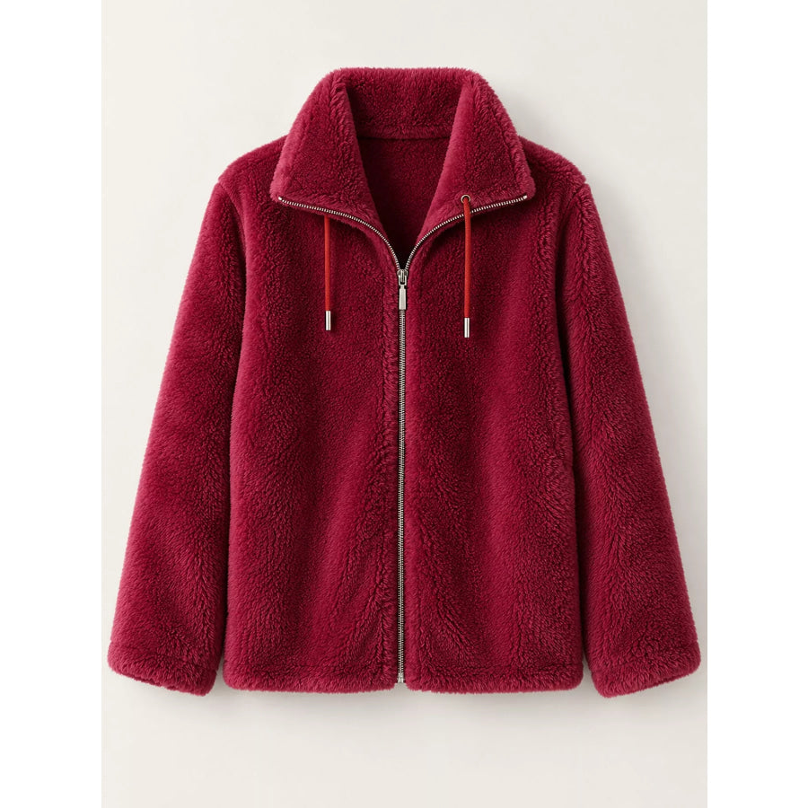 Full Size Drawstring Faux Fur Stand-Collar Zip-Up Outerwear Plus Apparel and Accessories
