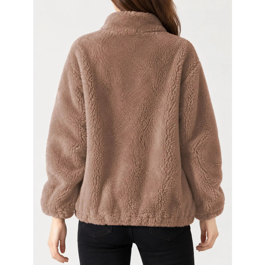 Full Size Drawstring Faux Fur Stand-Collar Zip-Up Outerwear Plus Apparel and Accessories
