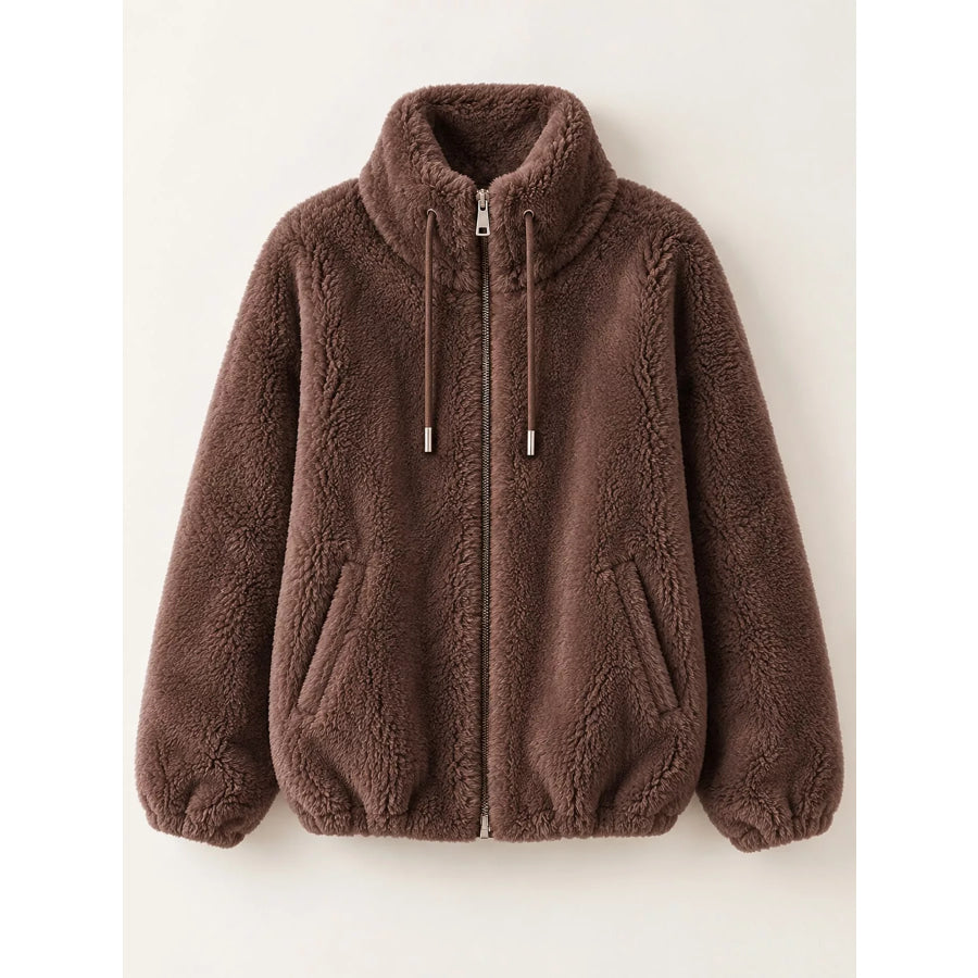 Full Size Drawstring Faux Fur Stand-Collar Zip-Up Outerwear Plus Apparel and Accessories