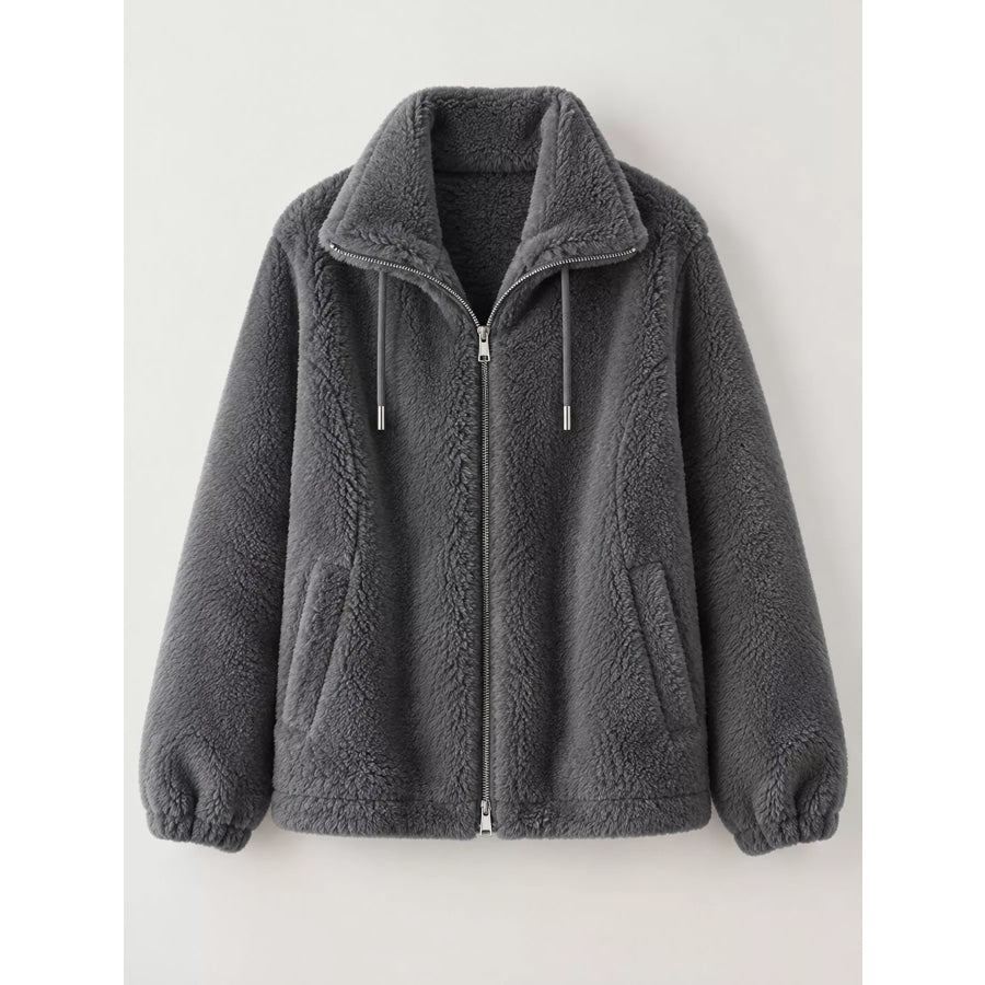 Full Size Drawstring Faux Fur Stand-Collar Zip-Up Outerwear Plus Apparel and Accessories