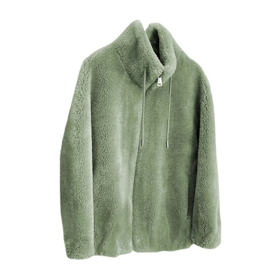 Full Size Drawstring Faux Fur Stand-Collar Zip-Up Outerwear Plus Apparel and Accessories