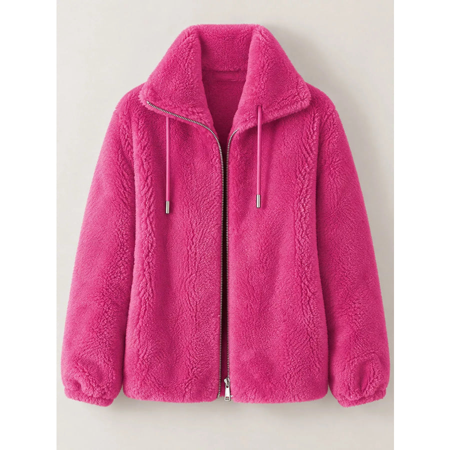 Full Size Drawstring Faux Fur Stand-Collar Zip-Up Outerwear Plus Apparel and Accessories