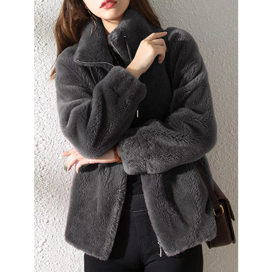 Full Size Drawstring Faux Fur Stand-Collar Zip-Up Outerwear Plus Apparel and Accessories