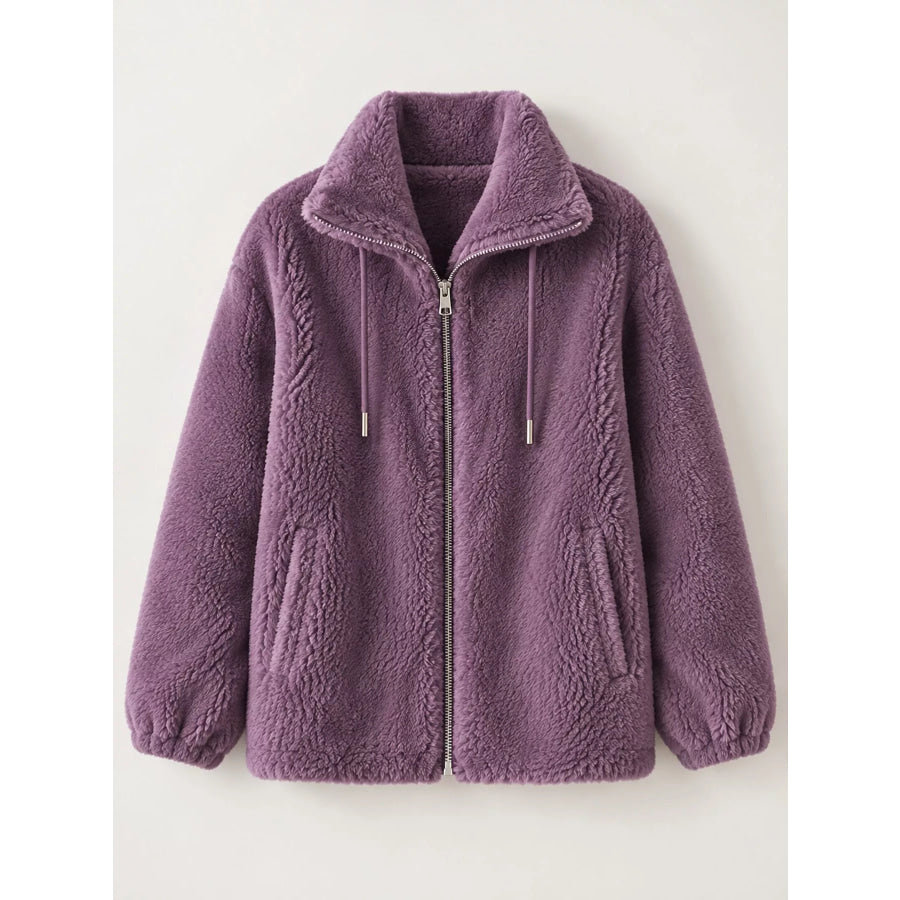 Full Size Drawstring Faux Fur Stand-Collar Zip-Up Outerwear Plus Apparel and Accessories
