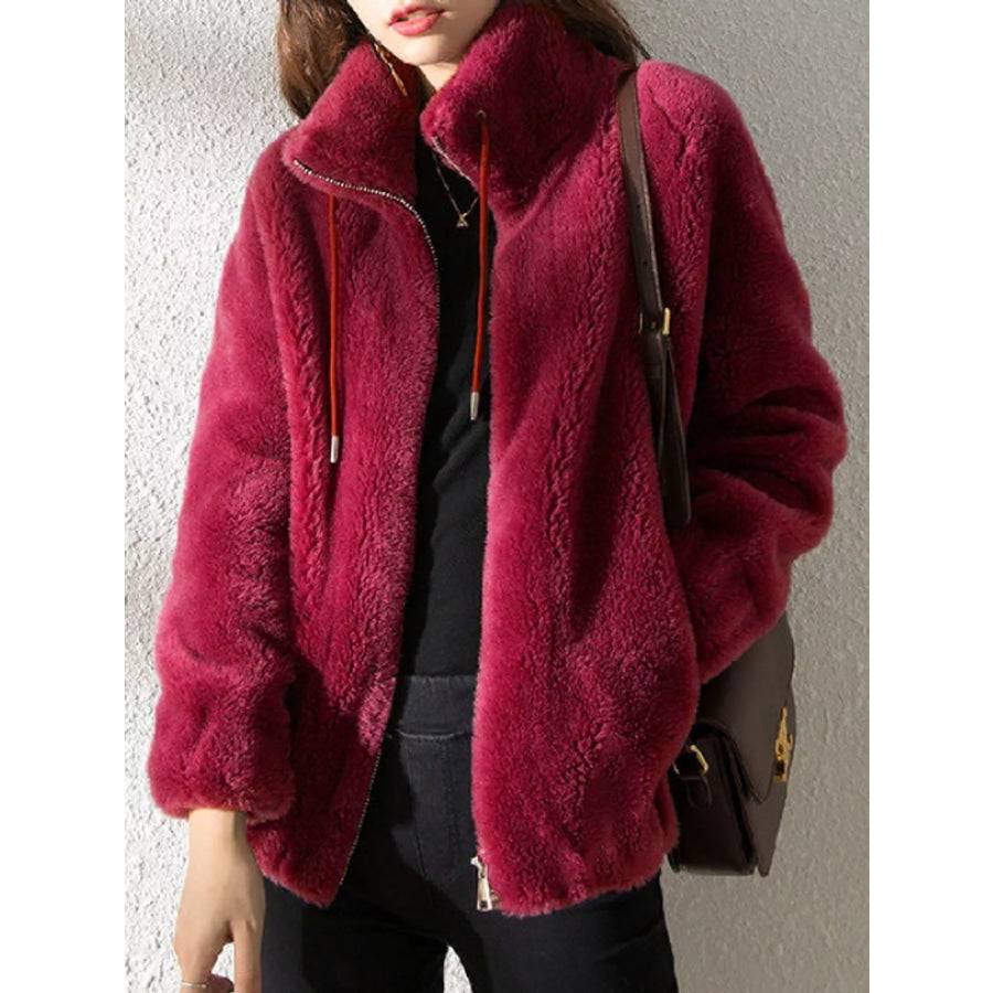 Full Size Drawstring Faux Fur Stand-Collar Zip-Up Outerwear Plus Apparel and Accessories