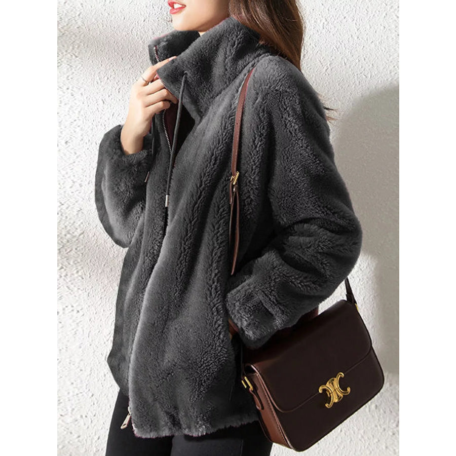 Full Size Drawstring Faux Fur Stand-Collar Zip-Up Outerwear Plus Apparel and Accessories