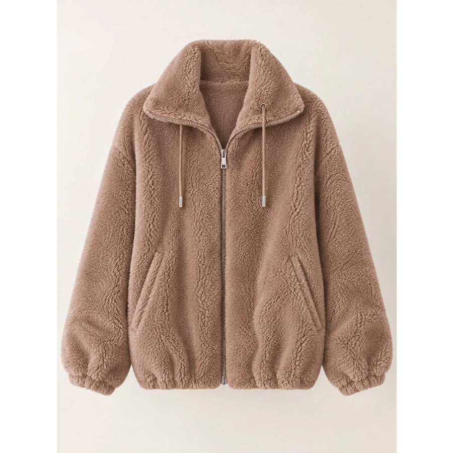 Full Size Drawstring Faux Fur Stand-Collar Zip-Up Outerwear Plus Apparel and Accessories