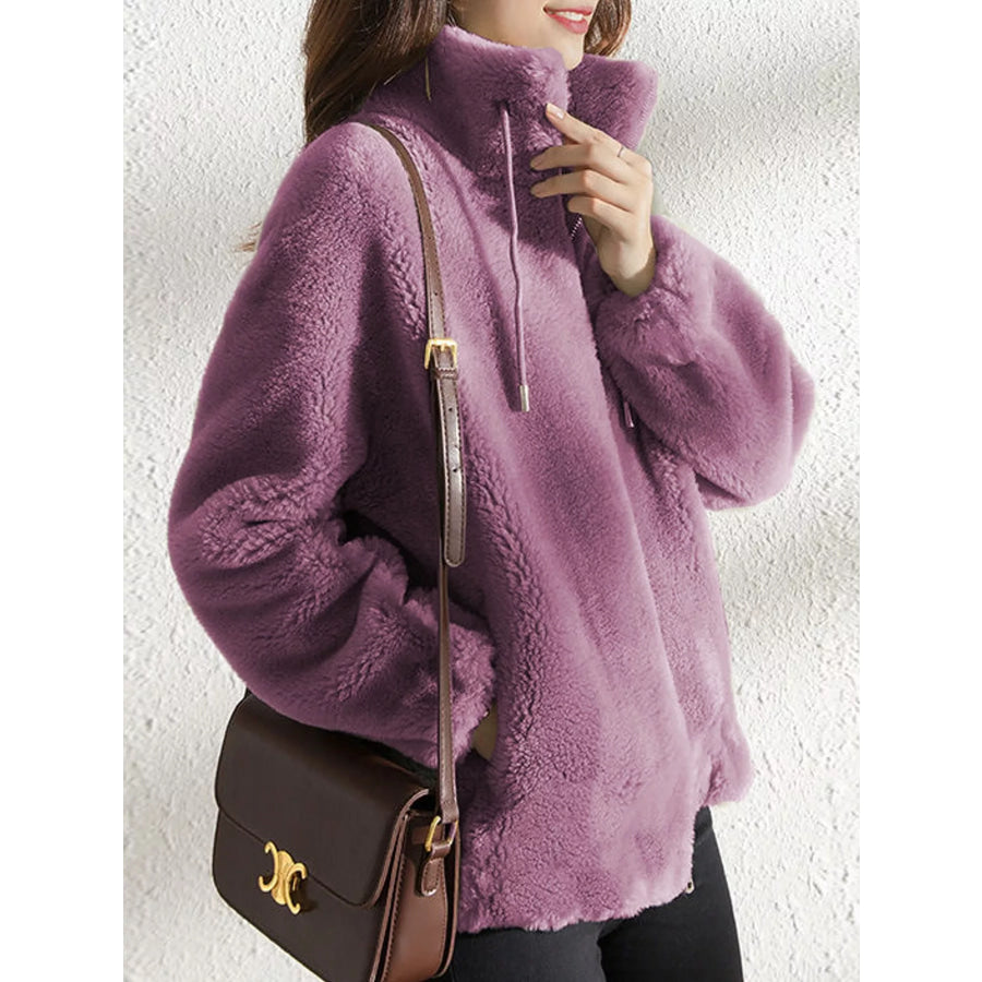 Full Size Drawstring Faux Fur Stand-Collar Zip-Up Outerwear Plus Apparel and Accessories
