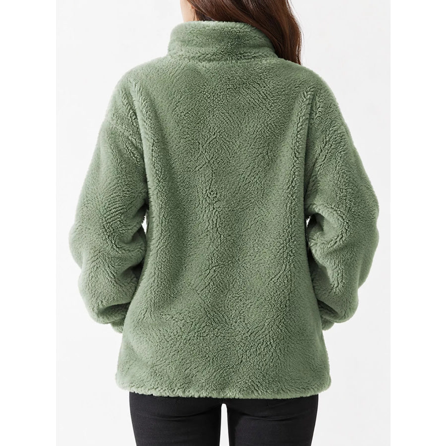 Full Size Drawstring Faux Fur Stand-Collar Zip-Up Outerwear Plus Apparel and Accessories