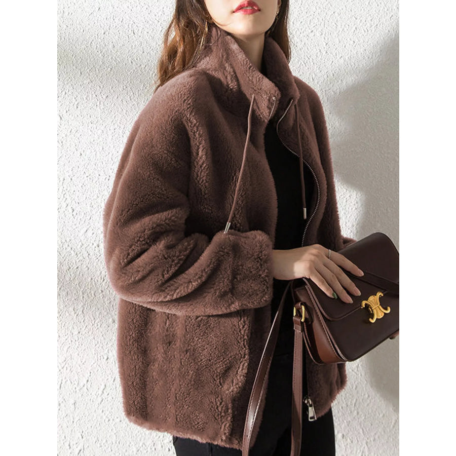 Full Size Drawstring Faux Fur Stand-Collar Zip-Up Outerwear Plus Apparel and Accessories