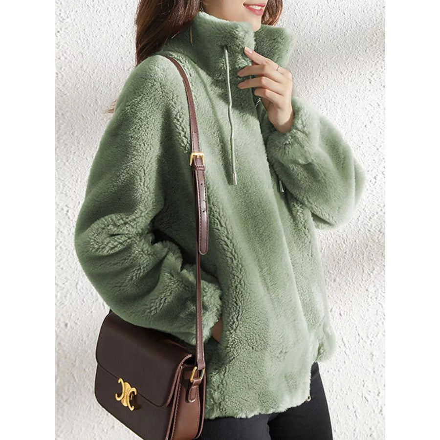 Full Size Drawstring Faux Fur Stand-Collar Zip-Up Outerwear Plus Apparel and Accessories