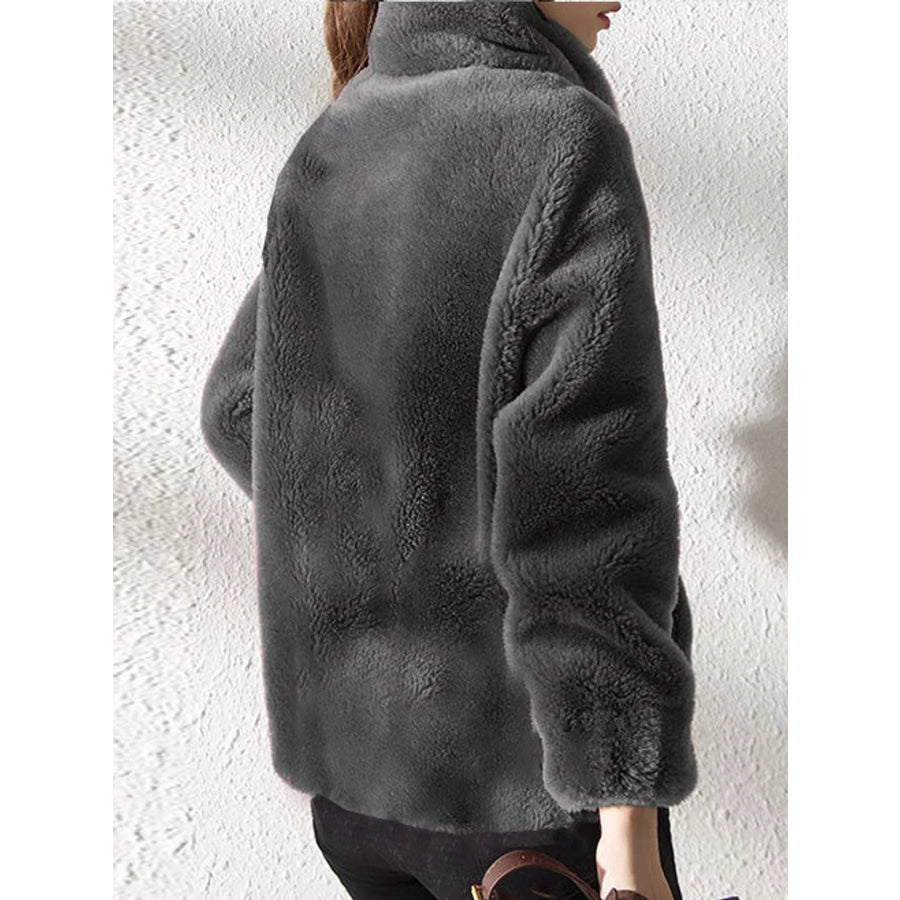 Full Size Drawstring Faux Fur Stand-Collar Zip-Up Outerwear Plus Apparel and Accessories