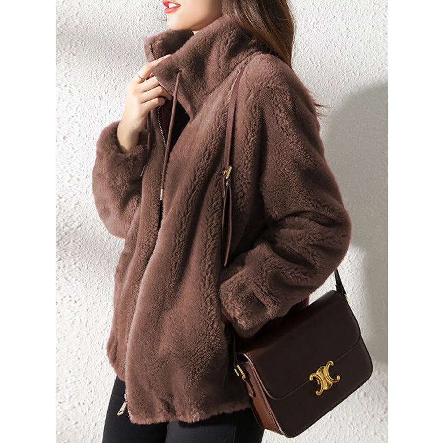 Full Size Drawstring Faux Fur Stand-Collar Zip-Up Outerwear Plus Apparel and Accessories
