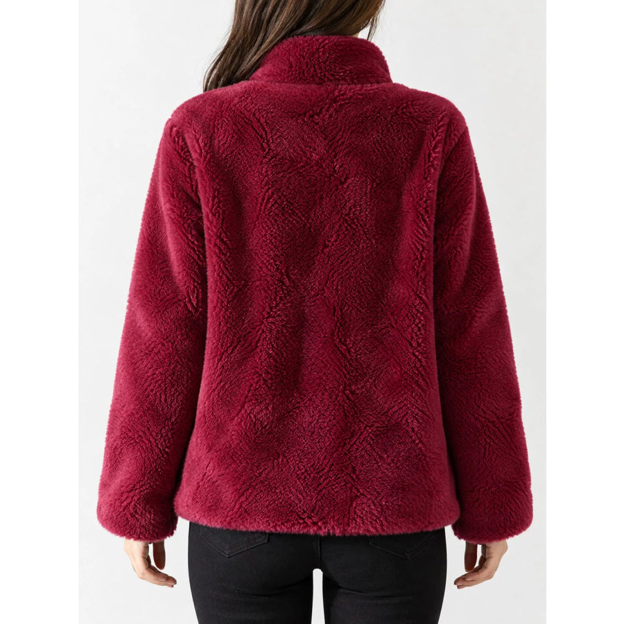 Full Size Drawstring Faux Fur Stand-Collar Zip-Up Outerwear Plus Apparel and Accessories
