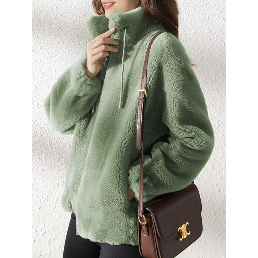 Full Size Drawstring Faux Fur Stand-Collar Zip-Up Outerwear Plus Apparel and Accessories