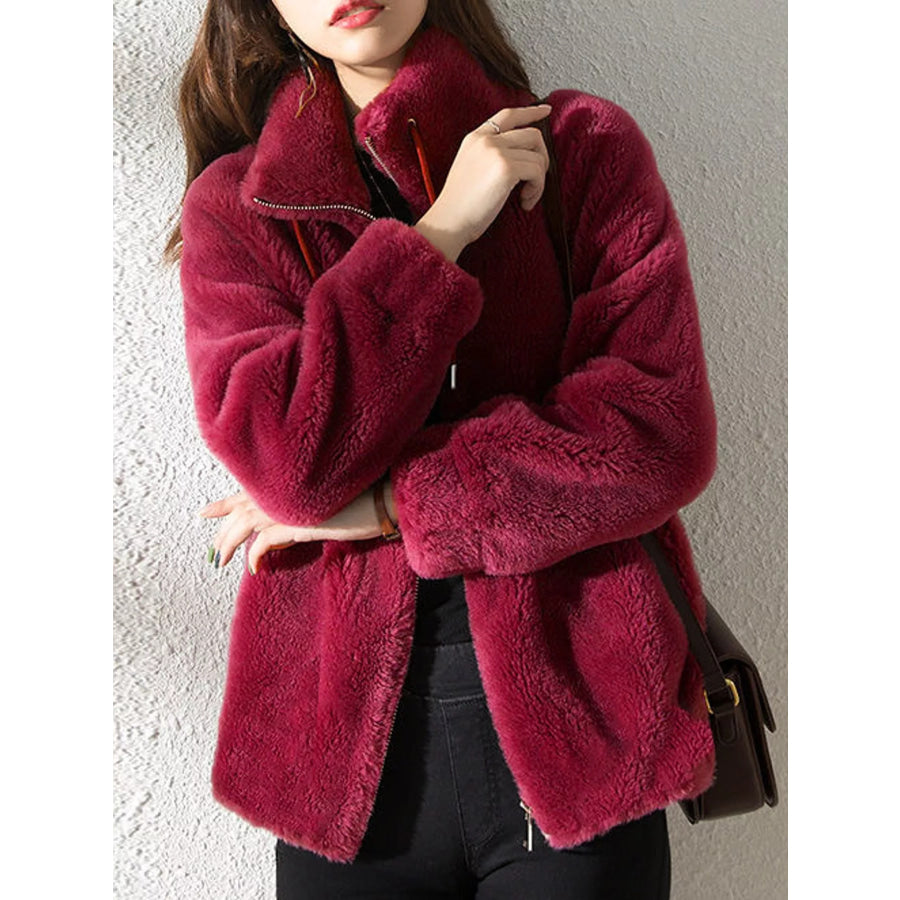 Full Size Drawstring Faux Fur Stand-Collar Zip-Up Outerwear Plus Burgundy / S Apparel and Accessories