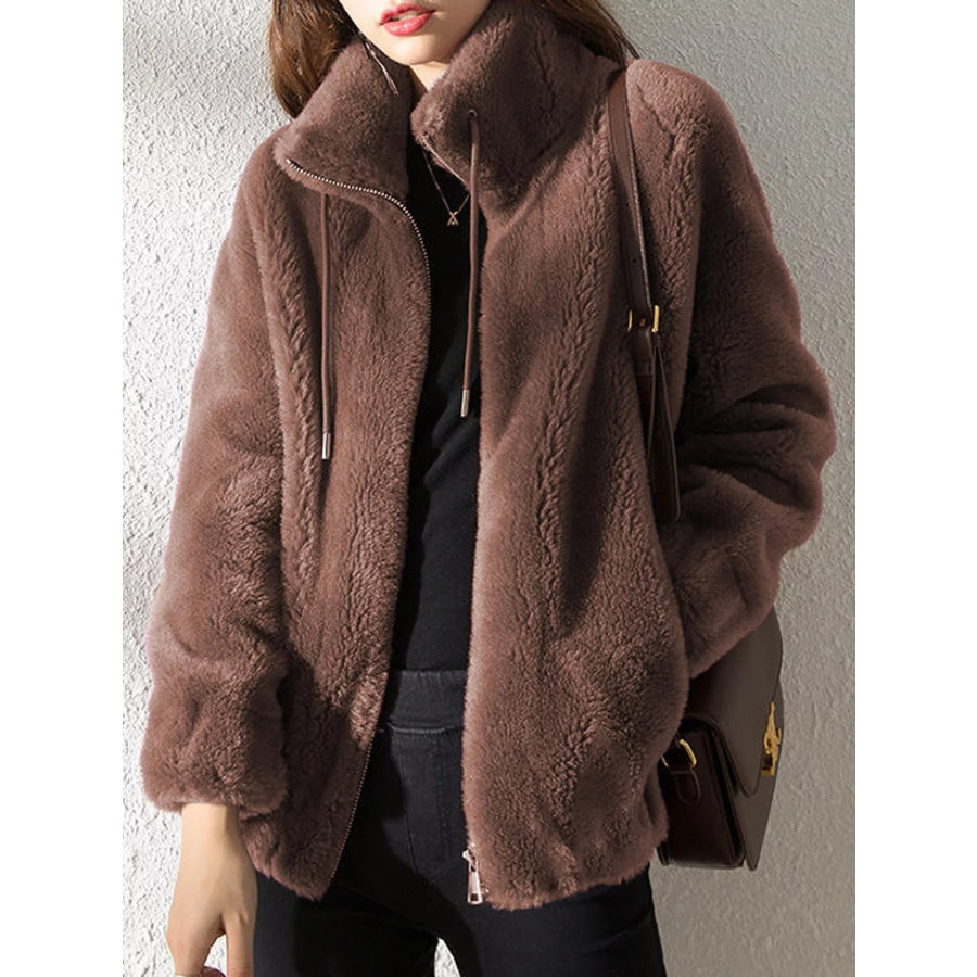 Full Size Drawstring Faux Fur Stand-Collar Zip-Up Outerwear Plus Dark Brown / S Apparel and Accessories