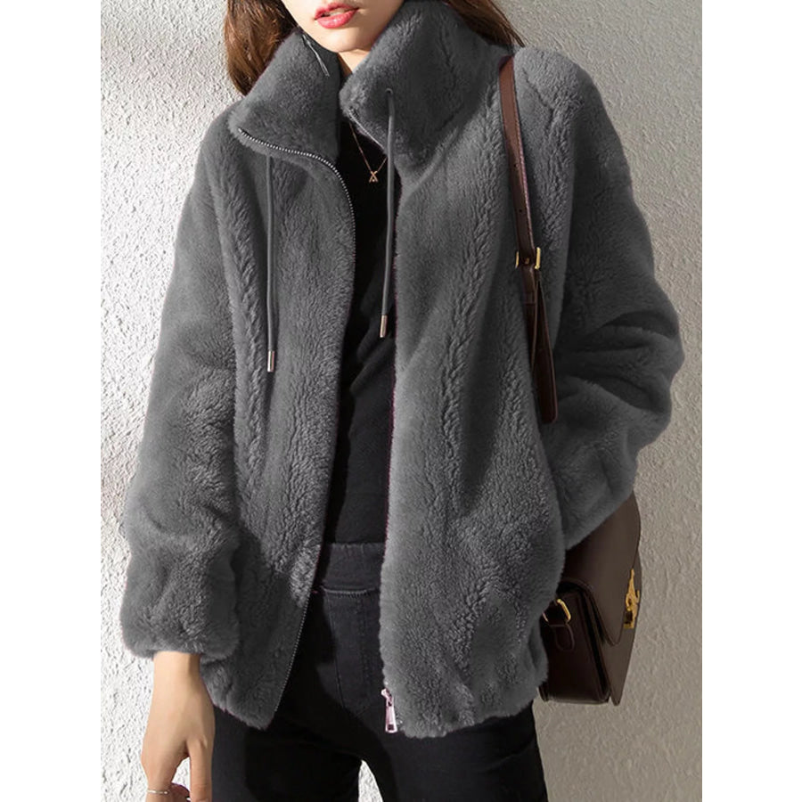 Full Size Drawstring Faux Fur Stand-Collar Zip-Up Outerwear Plus Dark Gray / S Apparel and Accessories
