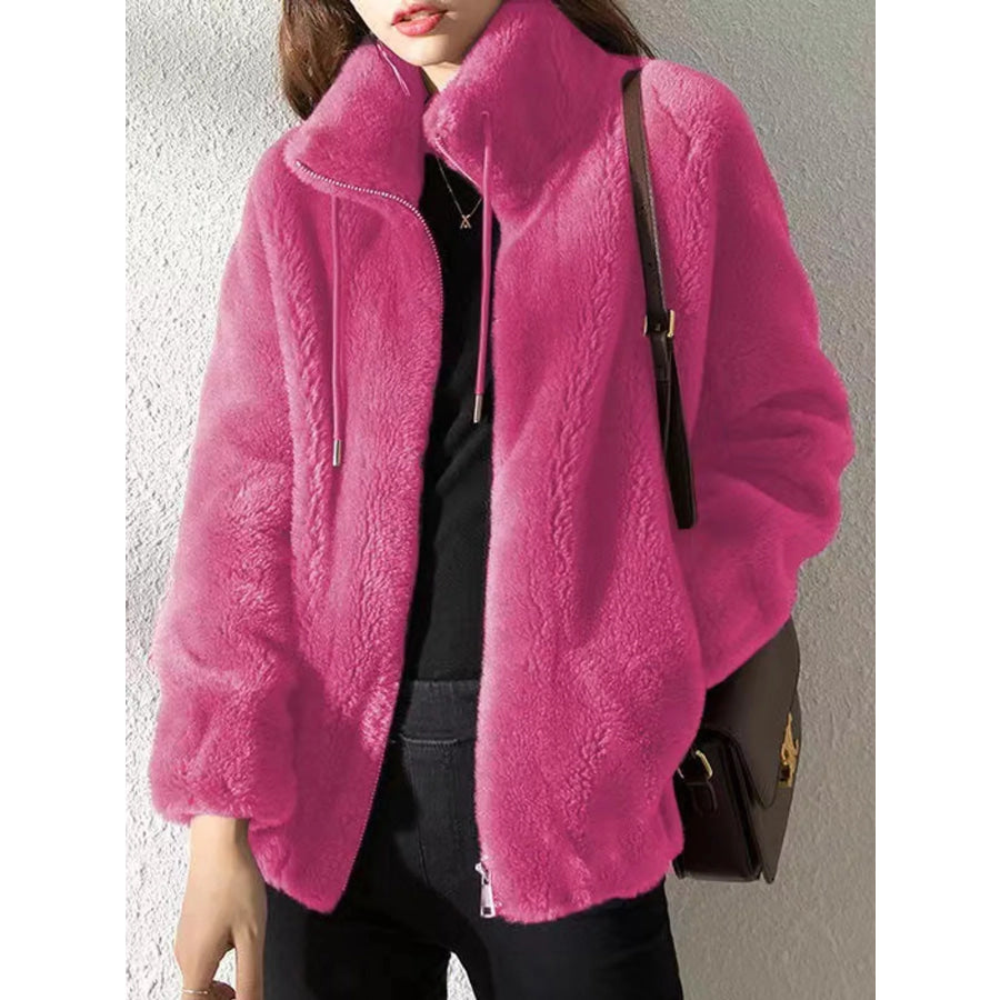 Full Size Drawstring Faux Fur Stand-Collar Zip-Up Outerwear Plus Fuchsia / S Apparel and Accessories