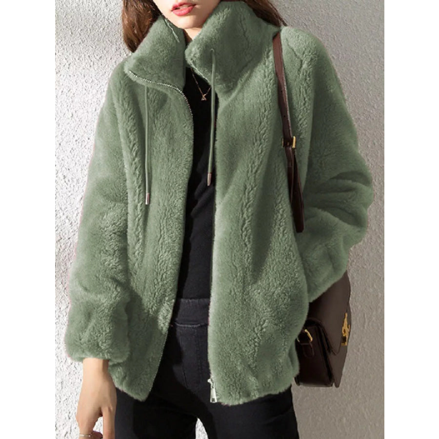 Full Size Drawstring Faux Fur Stand-Collar Zip-Up Outerwear Plus Green / S Apparel and Accessories
