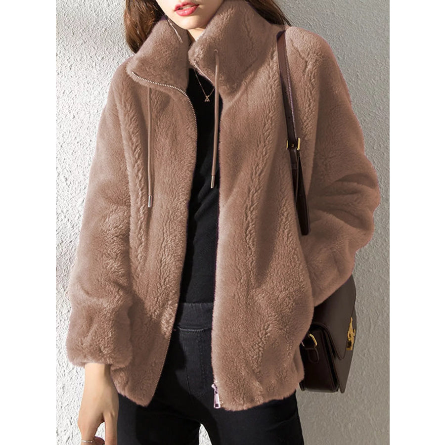 Full Size Drawstring Faux Fur Stand-Collar Zip-Up Outerwear Plus Light Brown / S Apparel and Accessories