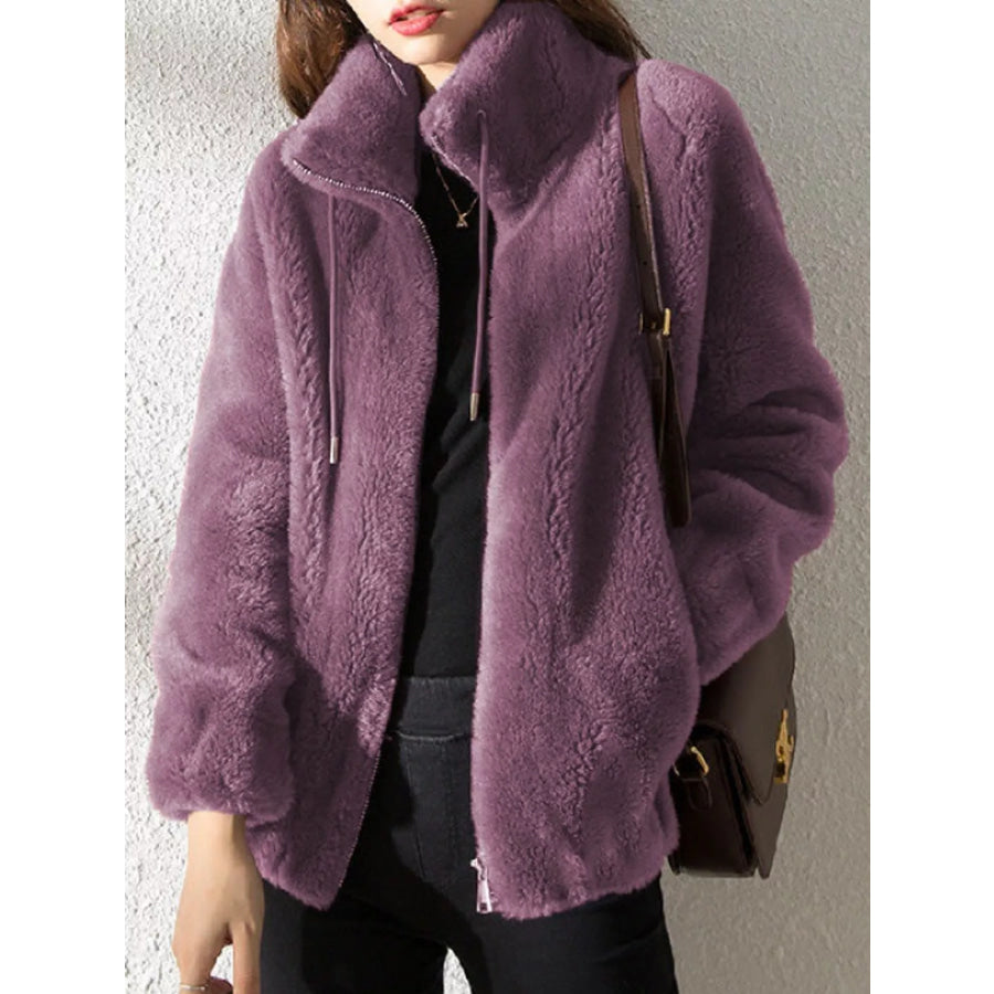 Full Size Drawstring Faux Fur Stand-Collar Zip-Up Outerwear Plus Purple / S Apparel and Accessories