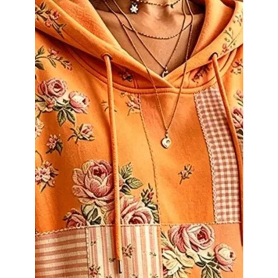Full Size Drawstring Floral Dropped Shoulder Hoodie Plus Apparel and Accessories