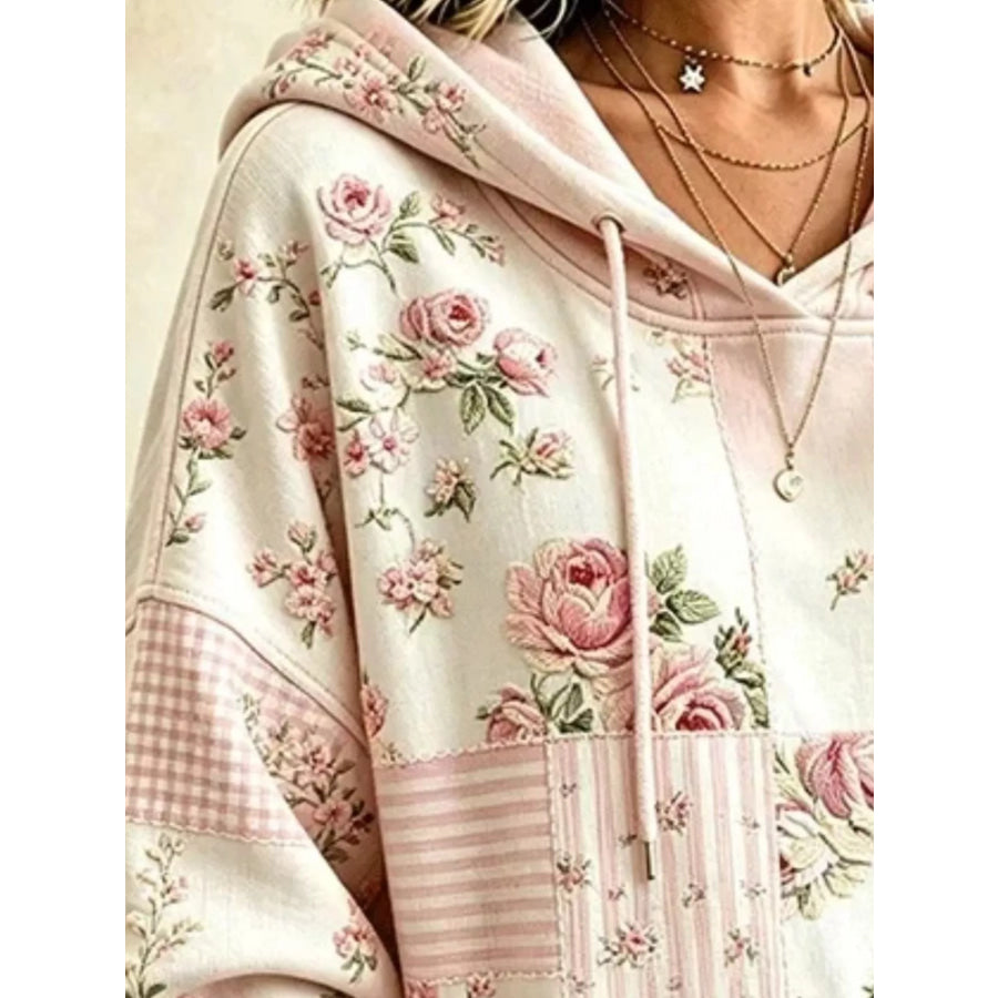 Full Size Drawstring Floral Dropped Shoulder Hoodie Plus Apparel and Accessories