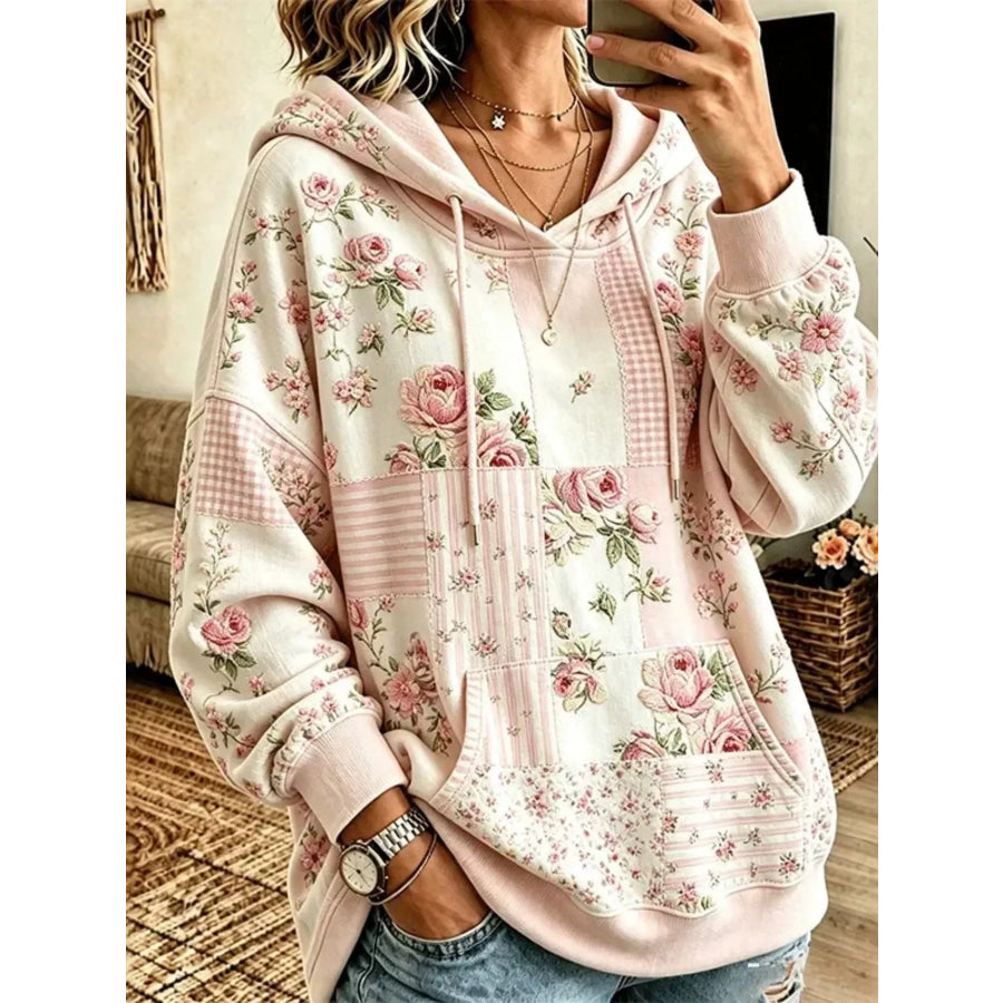 Full Size Drawstring Floral Dropped Shoulder Hoodie Plus Blush Pink / S Apparel and Accessories