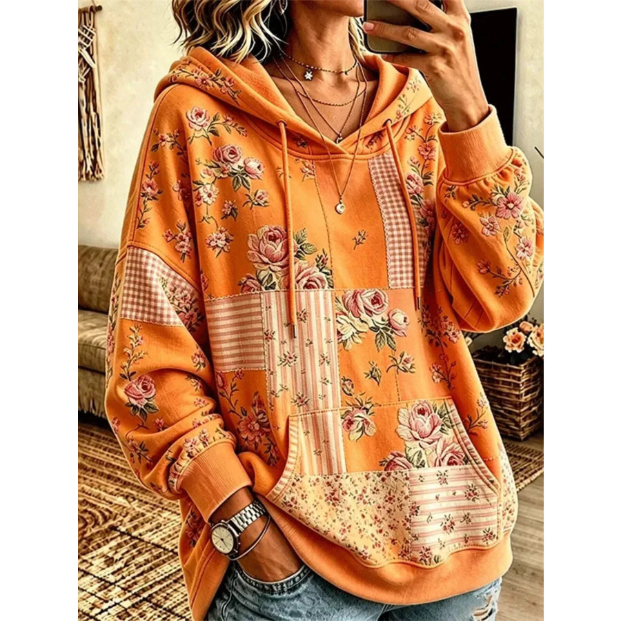 Full Size Drawstring Floral Dropped Shoulder Hoodie Plus Tangerine / S Apparel and Accessories