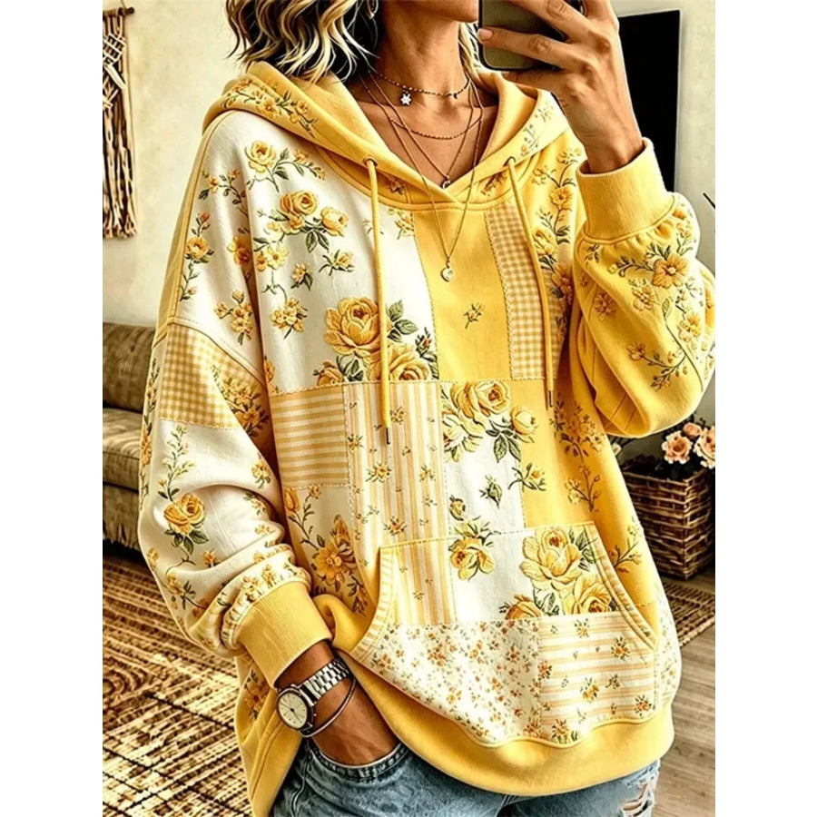 Full Size Drawstring Floral Dropped Shoulder Hoodie Plus Yellow / S Apparel and Accessories