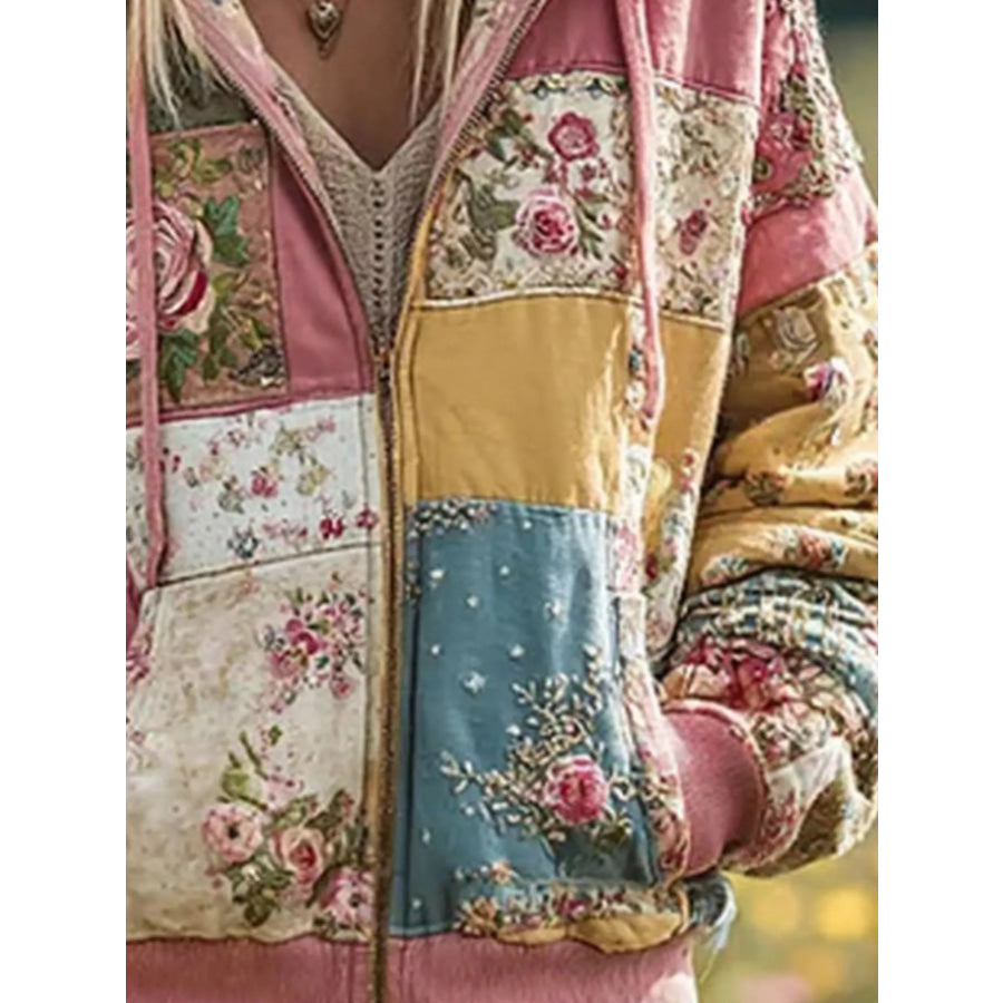 Full Size Drawstring Floral Zip-Up Sweatshirt Plus Apparel and Accessories