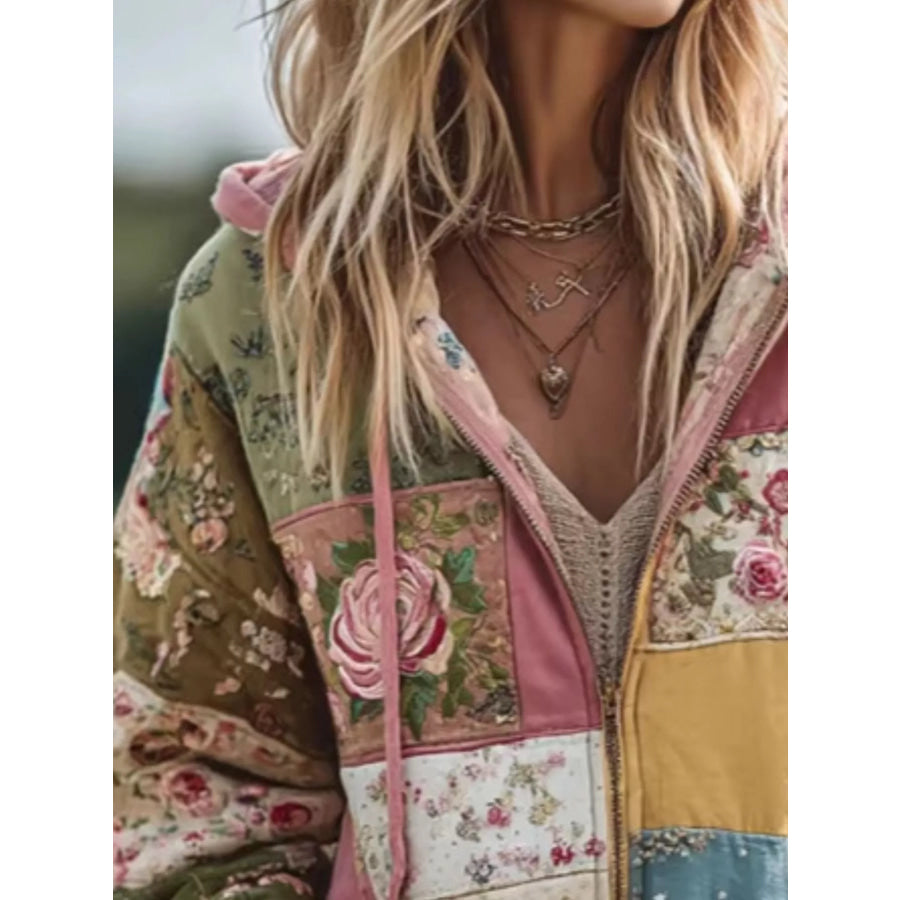 Full Size Drawstring Floral Zip-Up Sweatshirt Plus Dusty Pink / S Apparel and Accessories