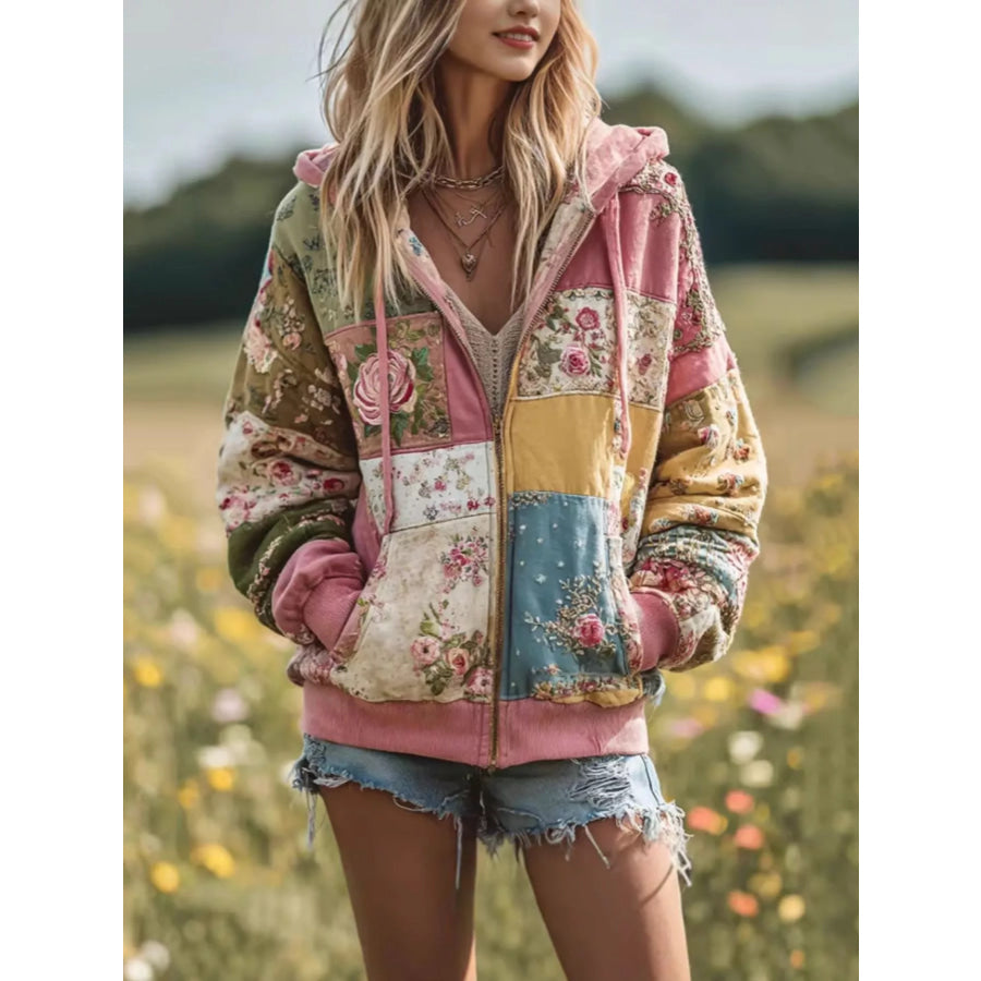 Full Size Drawstring Floral Zip-Up Sweatshirt Plus Dusty Pink / S Apparel and Accessories