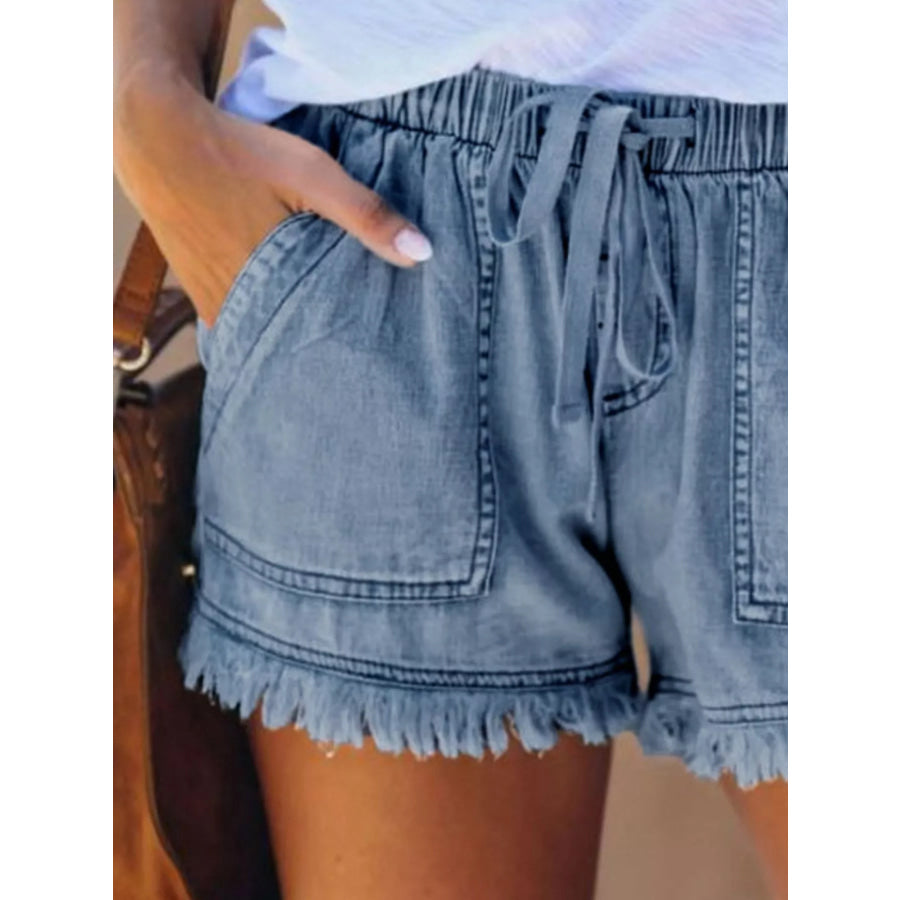 Full Size Drawstring Frayed Hem Denim Shorts Plus Apparel and Accessories