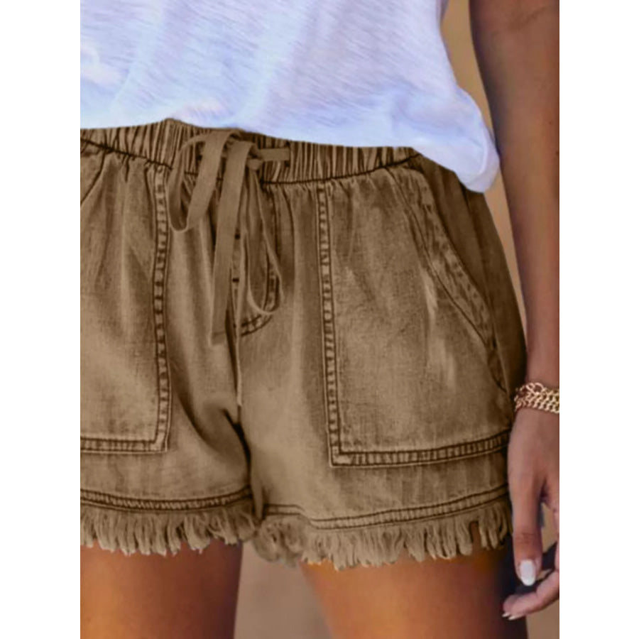 Full Size Drawstring Frayed Hem Denim Shorts Plus Apparel and Accessories