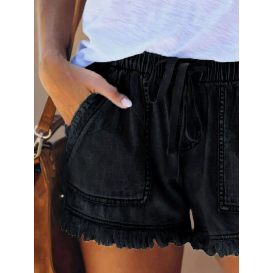 Full Size Drawstring Frayed Hem Denim Shorts Plus Apparel and Accessories