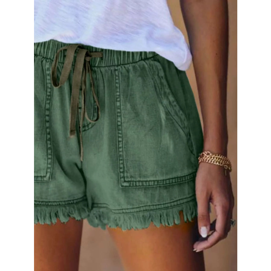 Full Size Drawstring Frayed Hem Denim Shorts Plus Apparel and Accessories