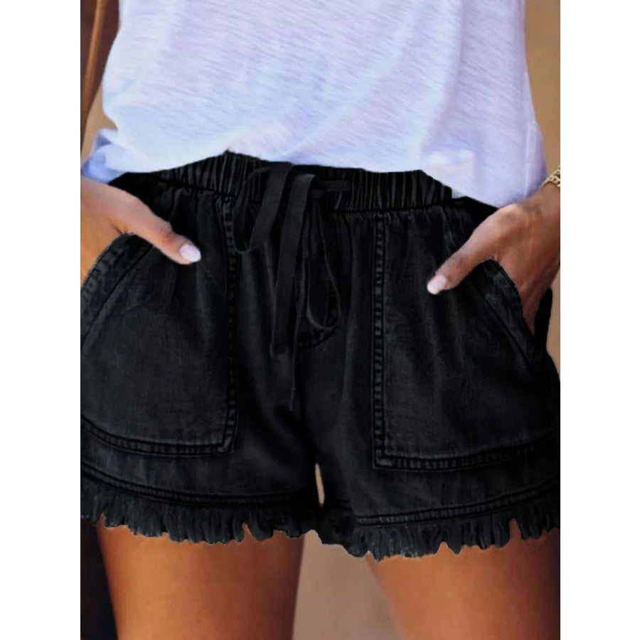 Full Size Drawstring Frayed Hem Denim Shorts Plus Black / XS Apparel and Accessories