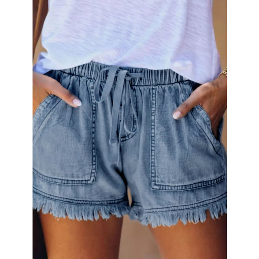 Full Size Drawstring Frayed Hem Denim Shorts Plus Dark Blue / XS Apparel and Accessories
