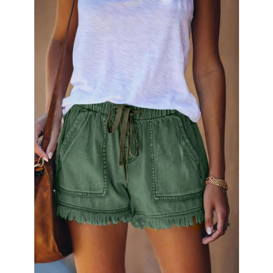 Full Size Drawstring Frayed Hem Denim Shorts Plus Green / XS Apparel and Accessories