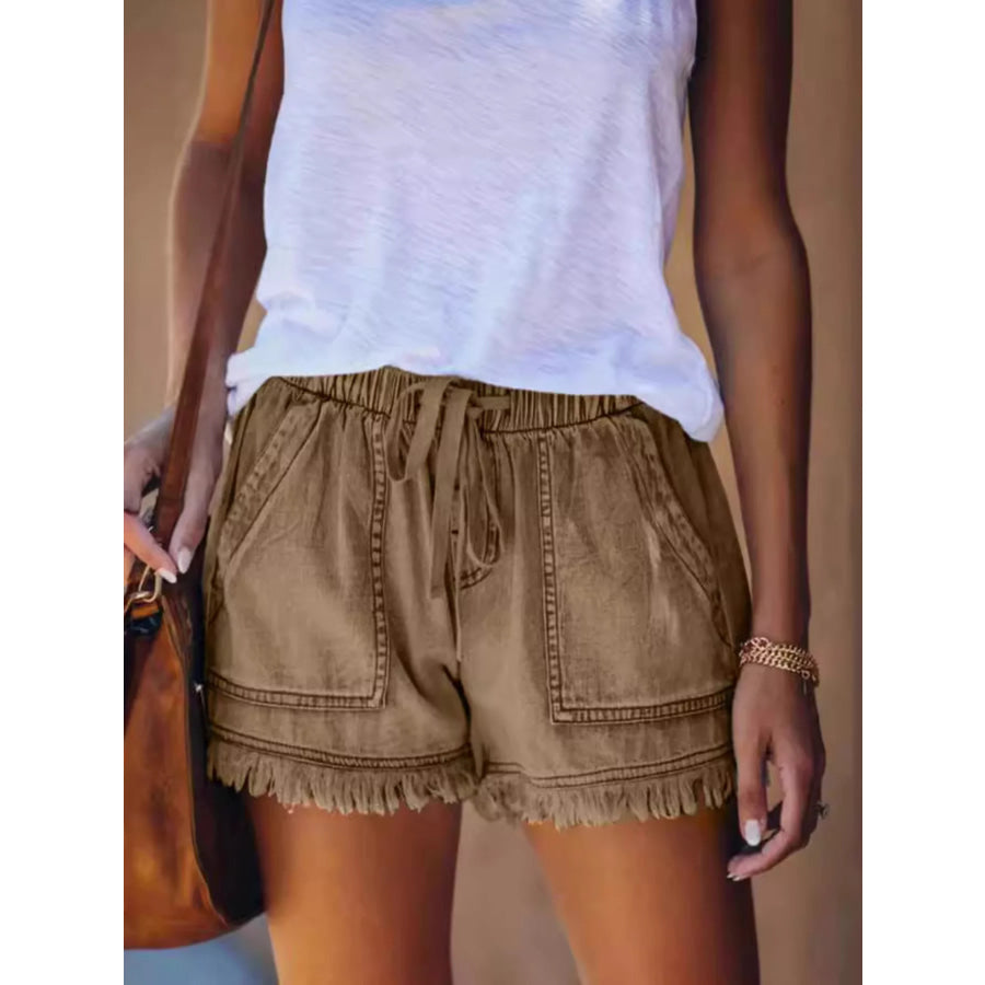 Full Size Drawstring Frayed Hem Denim Shorts Plus Kachi / XS Apparel and Accessories