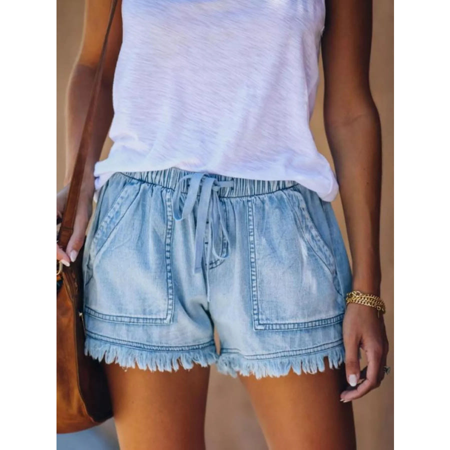 Full Size Drawstring Frayed Hem Denim Shorts Plus Light Blue / XS Apparel and Accessories